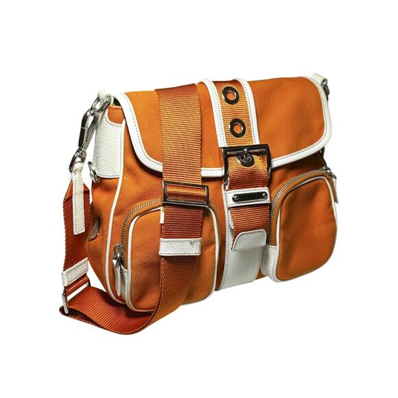 PRADA Orange Canapa Cargo Vitello Trimmed Buckle Flap Crossbody Shoulder Bag - Picture 2 of 9
